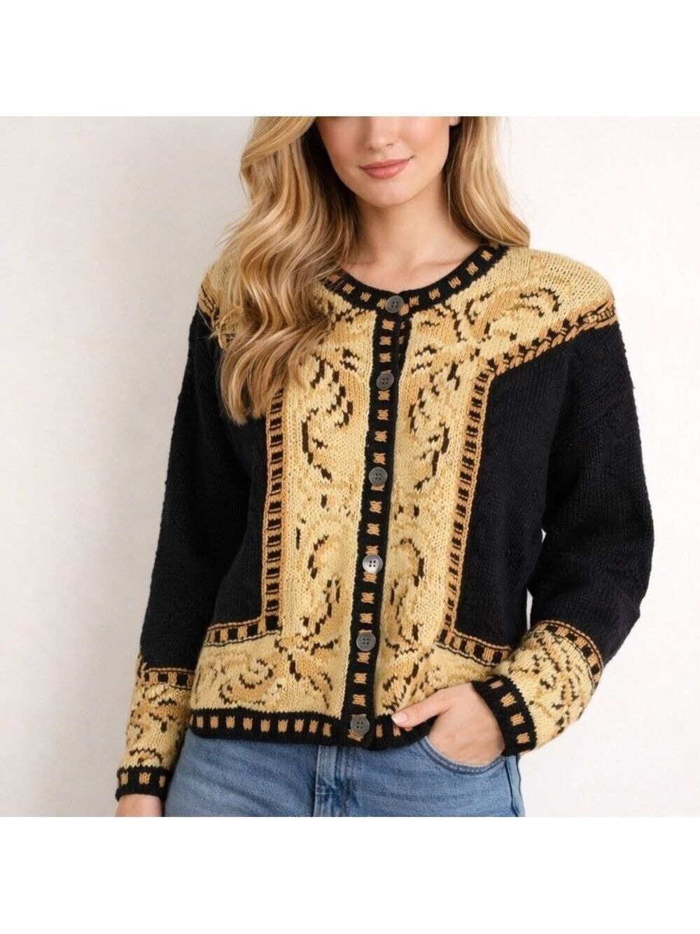 Ann Taylor Vintage 90s Chunky Knit Cardigan Sweater Gold Black Medium